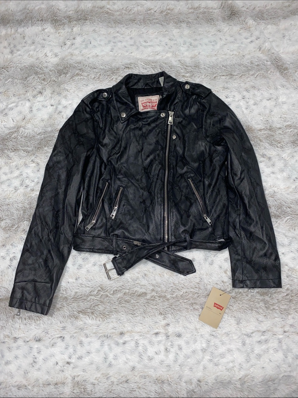 Levi's Black Quilted Faux Leather Moto Jacket with Belt